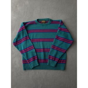 Vintage 90s Eddie Bauer Green Striped Cotton Crewneck Sweater Long Sleeve L
